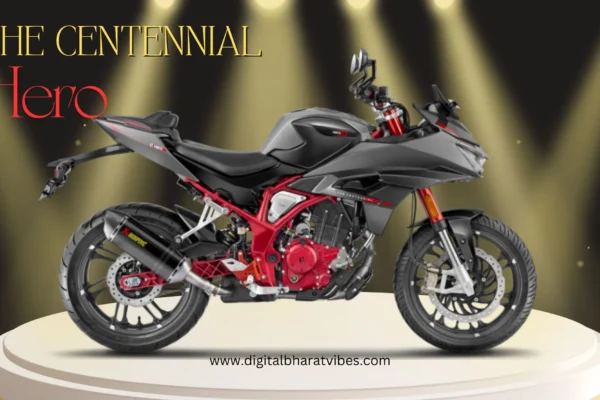 A black and red colored limited edition Hero MotoCorp motorcycle, "The Centennial", displayed on a white pedestal with text overlay "The Centennial" and "Hero MotoCorp" visible.