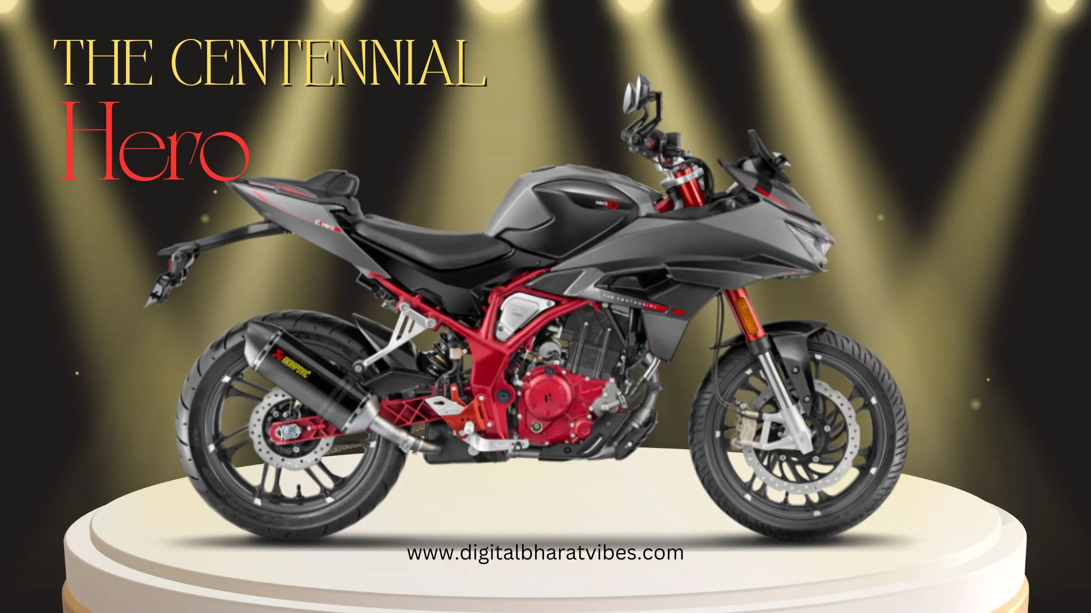 A black and red colored limited edition Hero MotoCorp motorcycle, "The Centennial", displayed on a white pedestal with text overlay "The Centennial" and "Hero MotoCorp" visible.