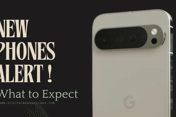 A smartphone with a large camera module and a Google logo on the back. Text on the image reads "NEW PHONES ALERT! What to Expect. WWW.DIGITALBHARATVIBES.COM"