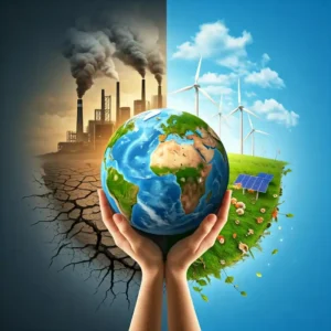 A pair of hands cradles a globe, divided into two contrasting sides. One side shows a polluted industrial landscape with smoke stacks, while the other depicts a clean, sustainable environment with wind turbines, solar panels, and lush greenery. The image illustrates the choice between environmental destruction and sustainability.