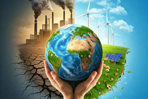 A pair of hands cradles a globe, divided into two contrasting sides. One side shows a polluted industrial landscape with smoke stacks, while the other depicts a clean, sustainable environment with wind turbines, solar panels, and lush greenery. The image illustrates the choice between environmental destruction and sustainability.