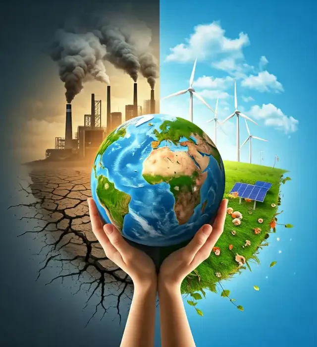 A pair of hands cradles a globe, divided into two contrasting sides. One side shows a polluted industrial landscape with smoke stacks, while the other depicts a clean, sustainable environment with wind turbines, solar panels, and lush greenery. The image illustrates the choice between environmental destruction and sustainability.