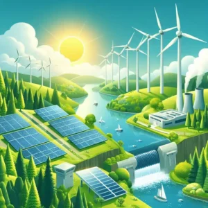 An illustration of a sustainable landscape featuring various renewable energy sources. Wind turbines spin on green hills under a clear blue sky, while solar panels are arranged in neat rows reflecting sunlight. A small hydropower dam is positioned on a flowing river, and a geothermal plant emits clean steam into the air. A lush forest in the background symbolizes biomass energy. The scene represents harmony between clean energy sources and the environment, conveying the concept of sustainability and renewable energy's role in combating climate change.