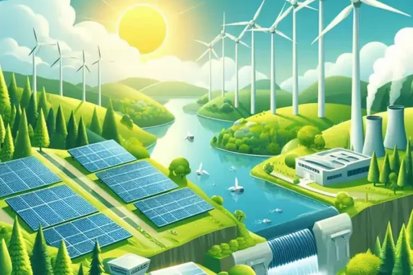 An illustration of a sustainable landscape featuring various renewable energy sources. Wind turbines spin on green hills under a clear blue sky, while solar panels are arranged in neat rows reflecting sunlight. A small hydropower dam is positioned on a flowing river, and a geothermal plant emits clean steam into the air. A lush forest in the background symbolizes biomass energy. The scene represents harmony between clean energy sources and the environment, conveying the concept of sustainability and renewable energy's role in combating climate change.