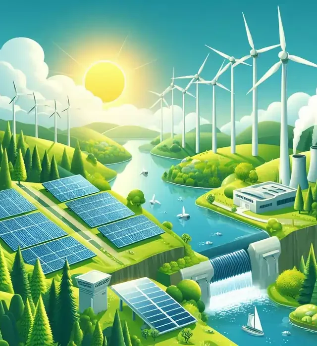 An illustration of a sustainable landscape featuring various renewable energy sources. Wind turbines spin on green hills under a clear blue sky, while solar panels are arranged in neat rows reflecting sunlight. A small hydropower dam is positioned on a flowing river, and a geothermal plant emits clean steam into the air. A lush forest in the background symbolizes biomass energy. The scene represents harmony between clean energy sources and the environment, conveying the concept of sustainability and renewable energy's role in combating climate change.