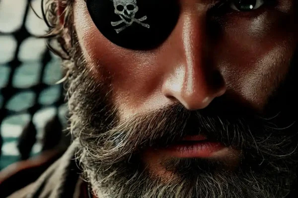 A close up of a pirates face with one eye covered by a traditional black eye patch. The pirate has a rugged look with a thick beard weathered skin