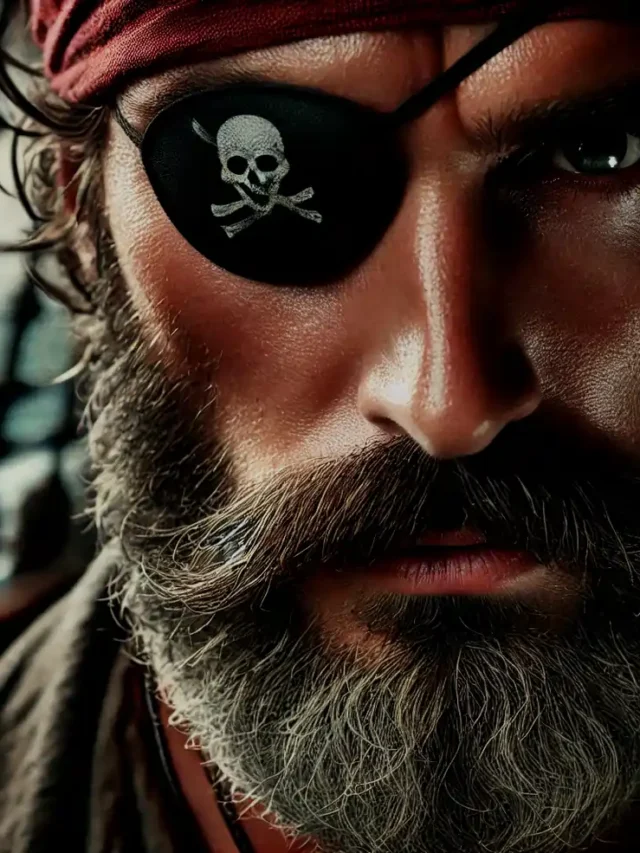 A close up of a pirates face with one eye covered by a traditional black eye patch. The pirate has a rugged look with a thick beard weathered skin