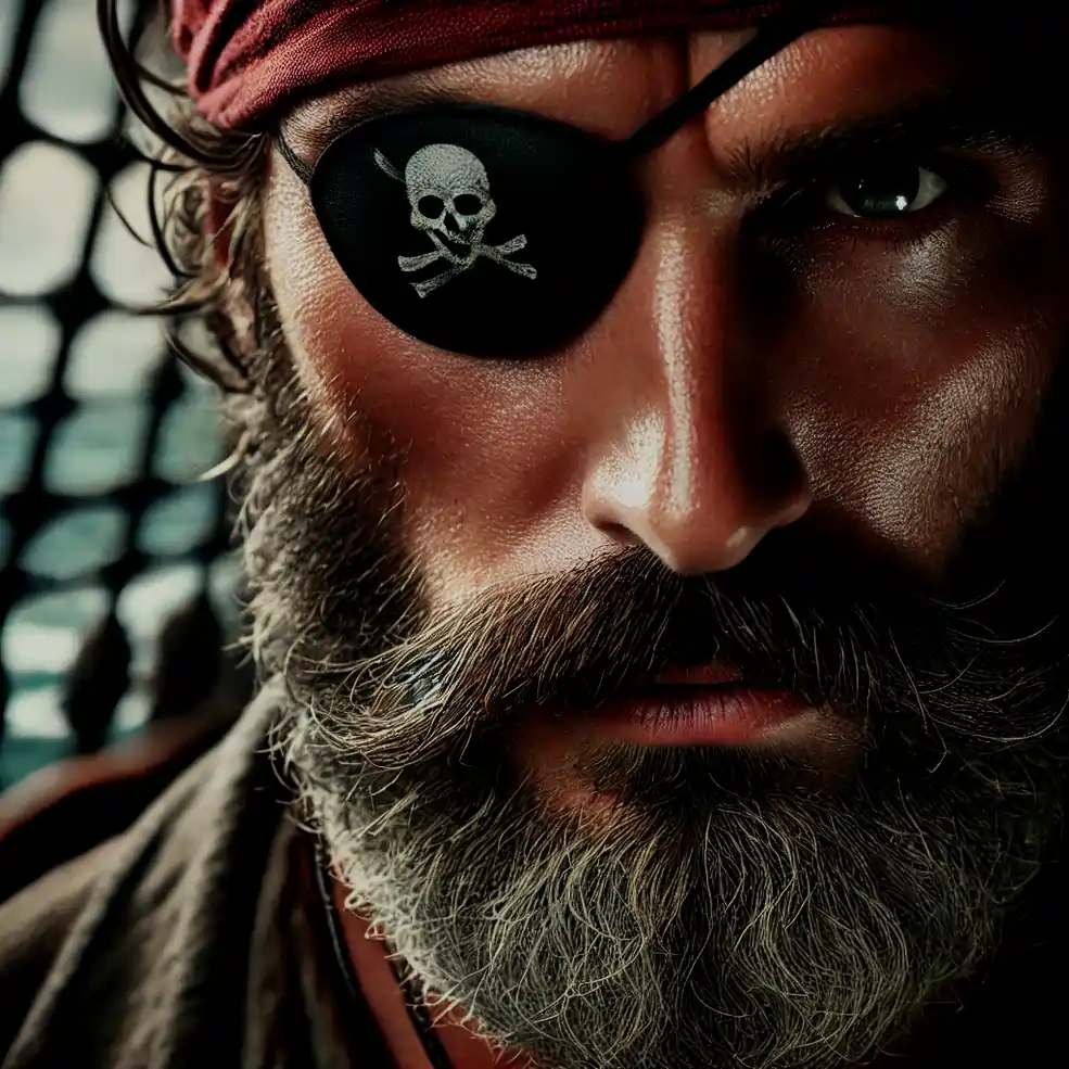 A close up of a pirates face with one eye covered by a traditional black eye patch. The pirate has a rugged look with a thick beard weathered skin