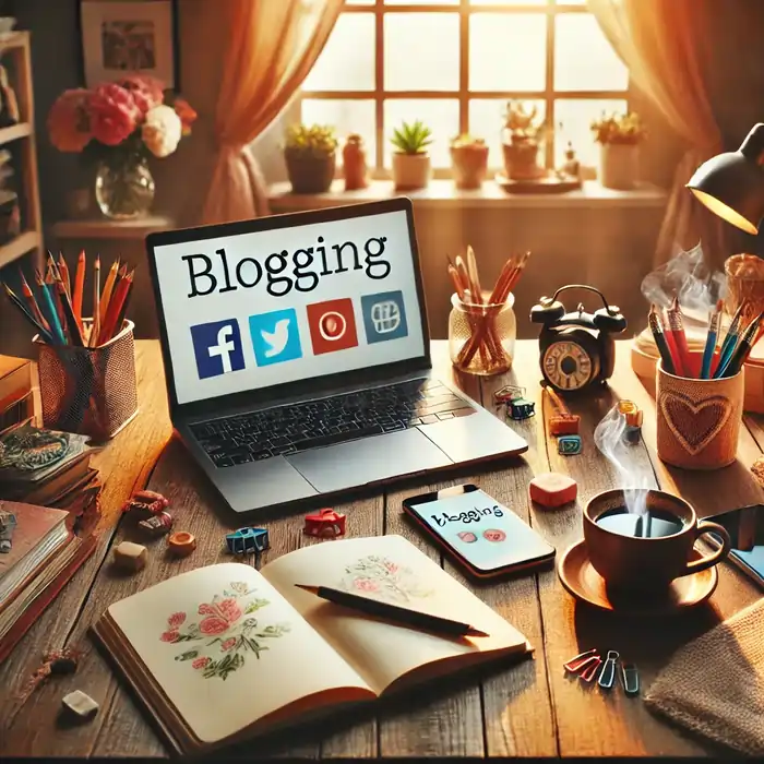 Laptop on a desk with blogging tools