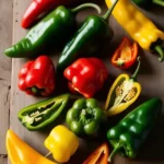 A variety of chili peppers, including red, green, and yellow, arranged on a wooden cutting board. Some peppers are whole, while others are sliced in half.