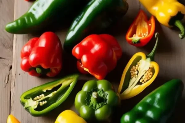 A variety of chili peppers, including red, green, and yellow, arranged on a wooden cutting board. Some peppers are whole, while others are sliced in half.