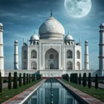 A photo of the Taj Mahal at night with a full moon shining brightly above. The white marble structure is reflected in a pool of water in front of it, and there are trees and bushes surrounding the monument.