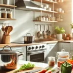 A modern, well-lit kitchen with neat utensils and fresh vegetables like tomatoes, carrots, and peppers placed on a wooden cutting board. Shiny cooking pots are arranged on the countertop, and an organized shelf with jars and spices is visible in the background. Sunlight streams in through a nearby window, creating a warm and inviting atmosphere.