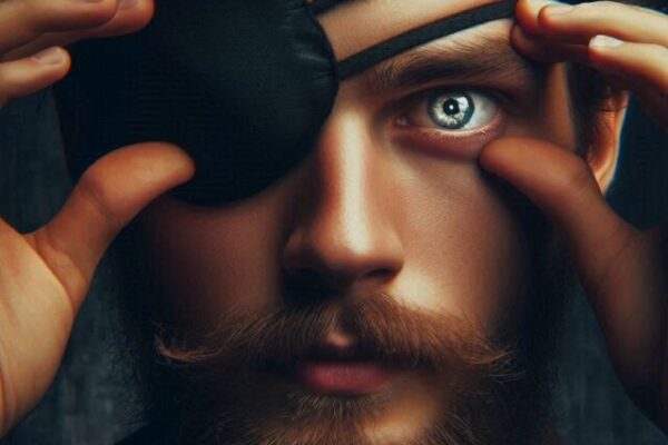 A pirate removing his eye patch in a dimly lit area, eyes adjusting to the darkness.