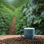 A blue cup filled with coffee sits on a wooden table surrounded by coffee beans. Steam rises from the cup, and in the background, a coffee plantation stretches out with rows of green coffee plants and a path leading through the center.