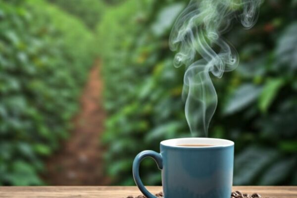 A blue cup filled with coffee sits on a wooden table surrounded by coffee beans. Steam rises from the cup, and in the background, a coffee plantation stretches out with rows of green coffee plants and a path leading through the center.