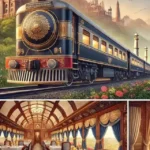 A luxurious view of the Maharaja Express, India's most opulent train, traveling through scenic landscapes with mountains and the Taj Mahal in the background. The exterior of the train showcases its royal colors and intricate designs. Inside, a beautifully set dining table displays gourmet dishes, highlighting the lavish interior. A well-dressed attendant is seen welcoming passengers, emphasizing the exclusive and luxurious travel experience.