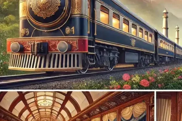A luxurious view of the Maharaja Express, India's most opulent train, traveling through scenic landscapes with mountains and the Taj Mahal in the background. The exterior of the train showcases its royal colors and intricate designs. Inside, a beautifully set dining table displays gourmet dishes, highlighting the lavish interior. A well-dressed attendant is seen welcoming passengers, emphasizing the exclusive and luxurious travel experience.