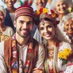 A joyful couple dressed in traditional wedding attire, smiling and holding hands, surrounded by family members. Both wear colorful, cultural garments with intricate patterns, while family members in the background also wear traditional clothing, creating a warm, celebratory atmosphere.