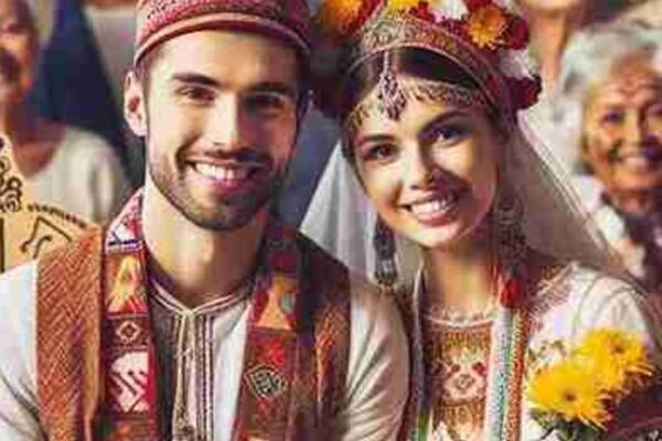 A joyful couple dressed in traditional wedding attire, smiling and holding hands, surrounded by family members. Both wear colorful, cultural garments with intricate patterns, while family members in the background also wear traditional clothing, creating a warm, celebratory atmosphere.
