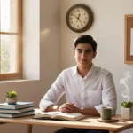 A focused student sitting at a study desk, preparing for exams with neatly arranged books, a clock, and a to-do list on the wall. The bright and positive atmosphere includes natural sunlight, a small plant, and a cup of tea, symbolizing a stress-free and motivated study session.