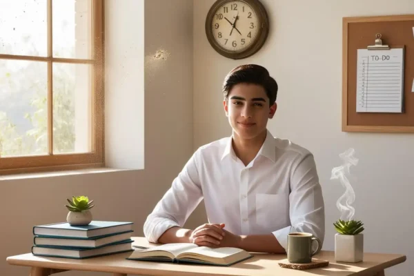 A focused student sitting at a study desk, preparing for exams with neatly arranged books, a clock, and a to-do list on the wall. The bright and positive atmosphere includes natural sunlight, a small plant, and a cup of tea, symbolizing a stress-free and motivated study session.