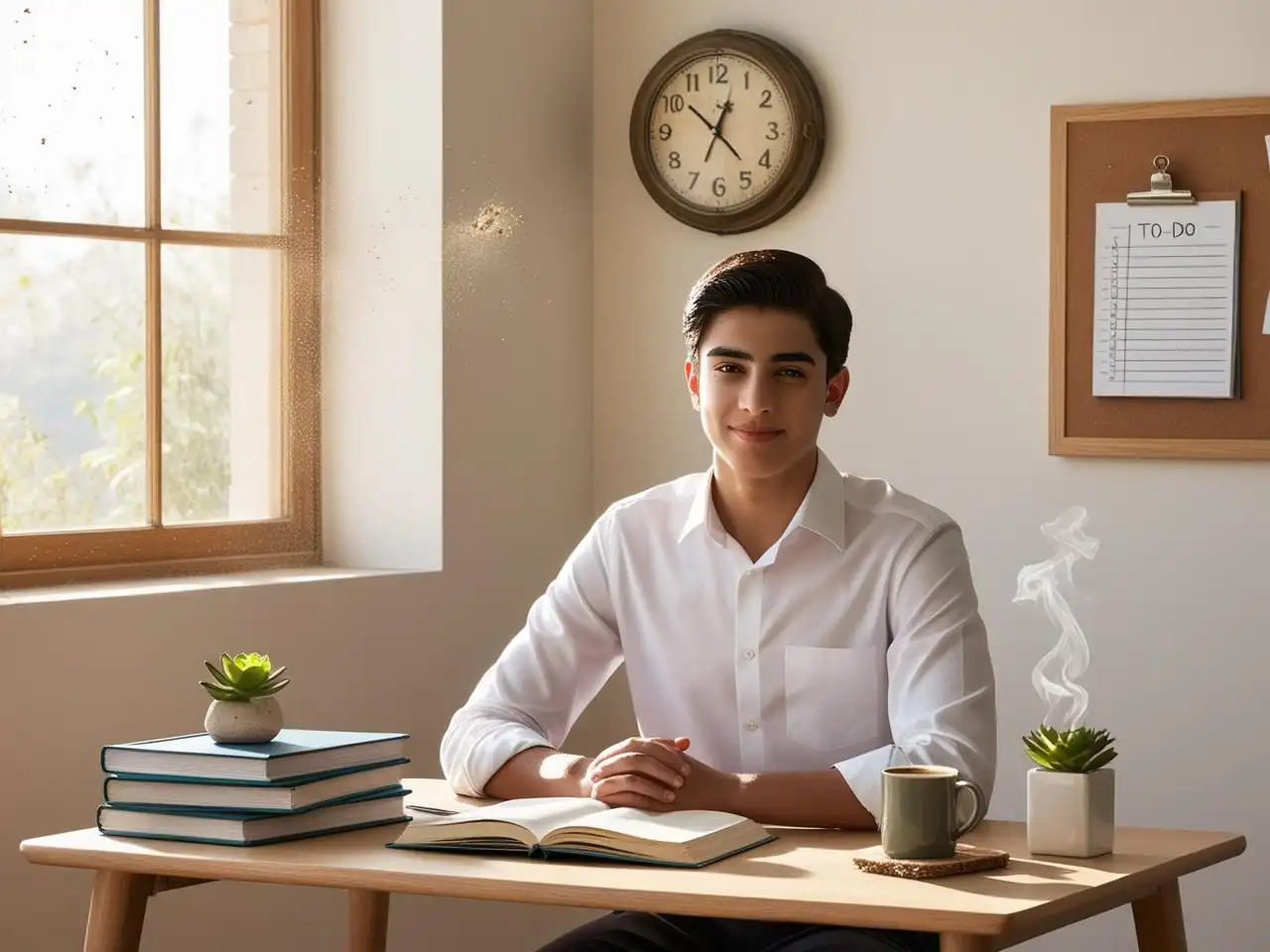 A focused student sitting at a study desk, preparing for exams with neatly arranged books, a clock, and a to-do list on the wall. The bright and positive atmosphere includes natural sunlight, a small plant, and a cup of tea, symbolizing a stress-free and motivated study session.