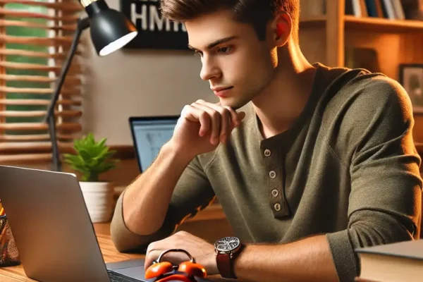 A student sitting at a study desk with books, a laptop, and a notebook, following the Pomodoro technique. A timer is placed on the table, and the student looks focused and motivated. In the background, there is a bookshelf and a motivational quote on the wall, creating a productive study environment.