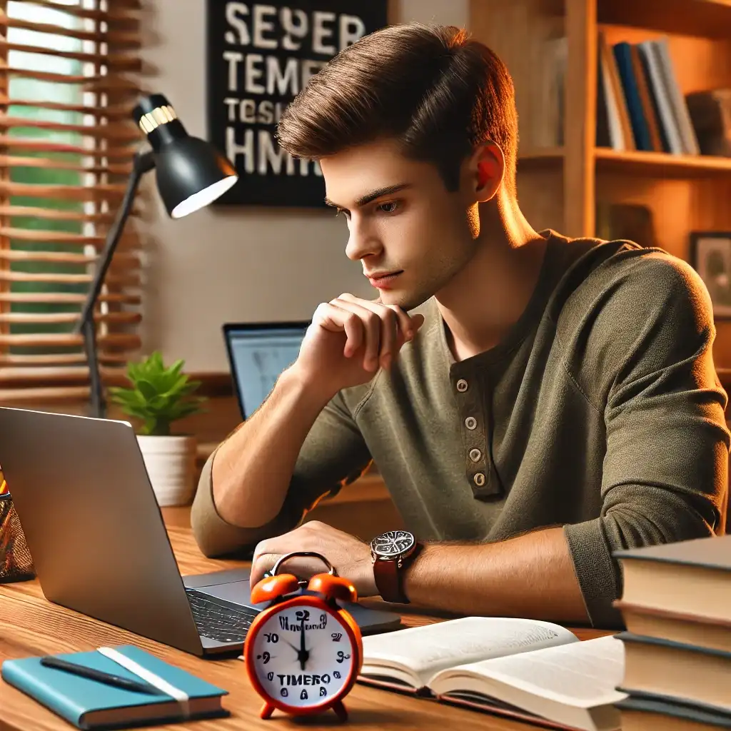 A student sitting at a study desk with books, a laptop, and a notebook, following the Pomodoro technique. A timer is placed on the table, and the student looks focused and motivated. In the background, there is a bookshelf and a motivational quote on the wall, creating a productive study environment.